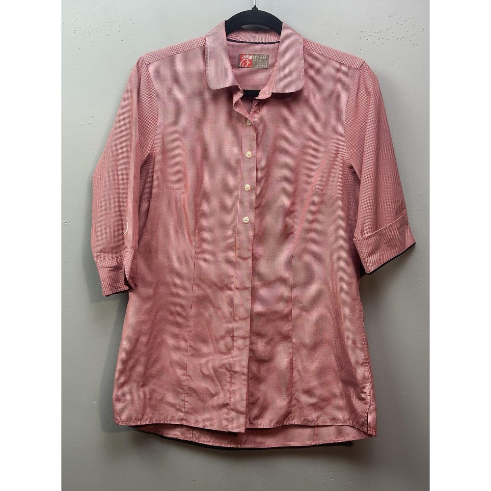 Chick-fil-A Shirt Womens Medium Red Gingham Button Down 3/4 Sleeve Uniform OOBE‎
